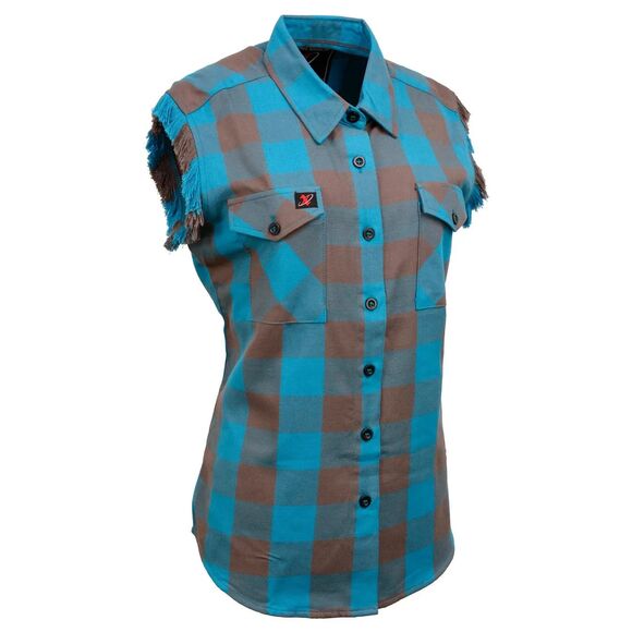 Milwaukee Leather Large Flannel Brown/Aqua Button Down Sleeveless Cutoff Shirt - Picture 1 of 8